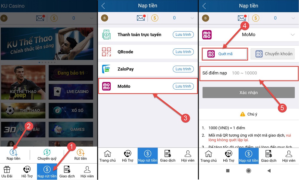 Nạp tiền Thabet qua MoMo